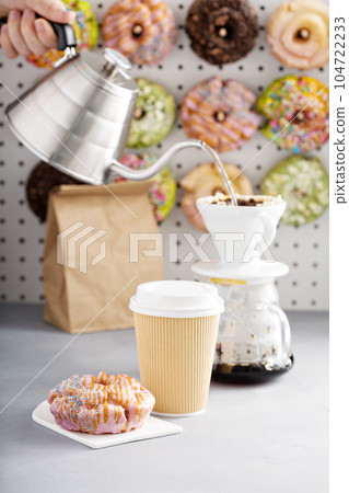 Lavender caramel donuts with coffee to go 104722233