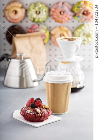 Berry shortcake donuts with coffee to go 104722234