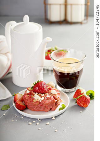 Strawberry shortcake donuts with coffee 104722248