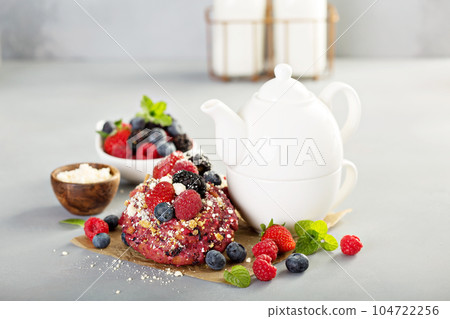 Berry shortcake donuts with tea Berry shortcake donuts with tea 104722256