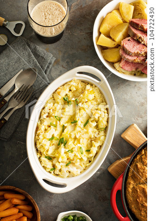 Traditional Irish dinner with corned beef and colcannon Traditional Irish dinner with corned beef and colcannon 104722430