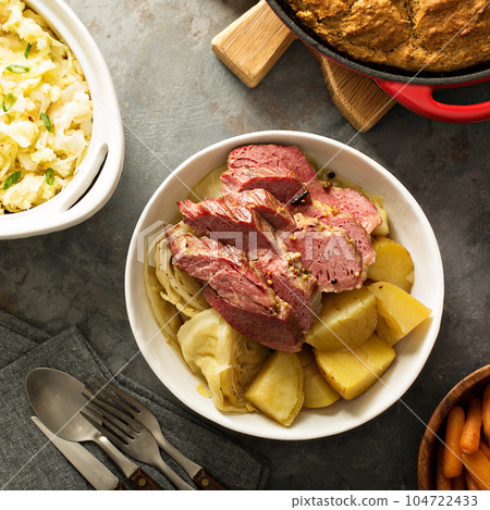 Traditional Irish dinner with corned beef and colcannon Traditional Irish dinner with corned beef and colcannon 104722433