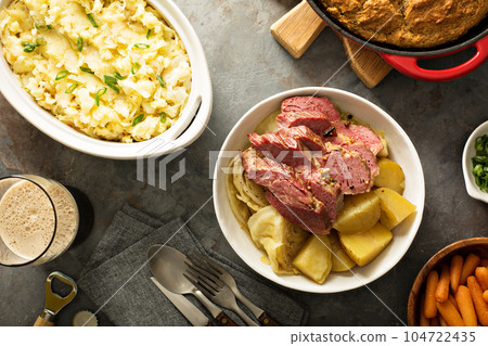 Traditional Irish dinner with corned beef and colcannon 104722435