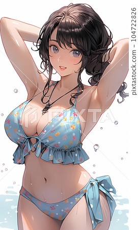 手绘卡通唯美的夏日里穿泳装的女孩插画 104722826