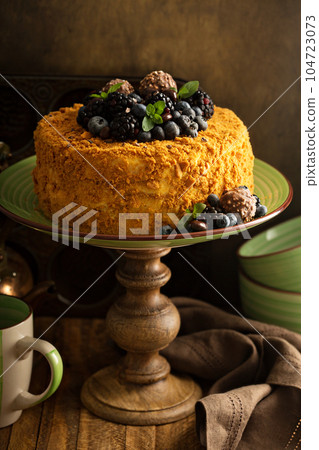 Honey layered cake with candy and berry 104723073