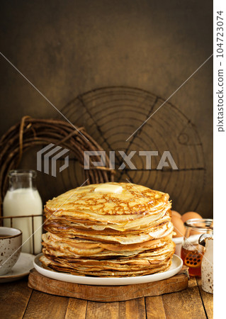 Big stack of homemade crepes or thin crepes Big stack of homemade crepes or thin crepes 104723074