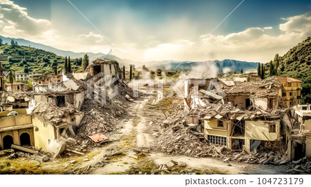 architecture in city destroyed by earthquake or bombing, made with Generative AI 104723179