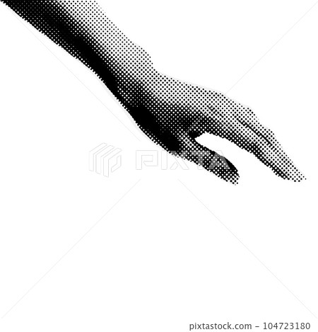 Trendy collage with hand gesture, cutout paper patch shape. Grunge halftone retro design. Vector illustration 104723180