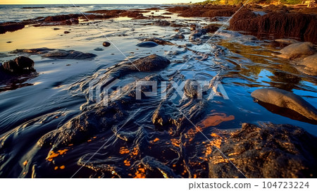 along the coast of the ocean, the water is polluted by oil, an ecological disaster, made with Generative AI 104723224