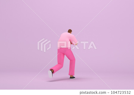 The black man with pink clothes. He is pulling or pushing something. 3d rendering of cartoon character in acting. The black man with pink clothes. He is pulling or pushing something. 3d rendering of cartoon character in acting. 104723532