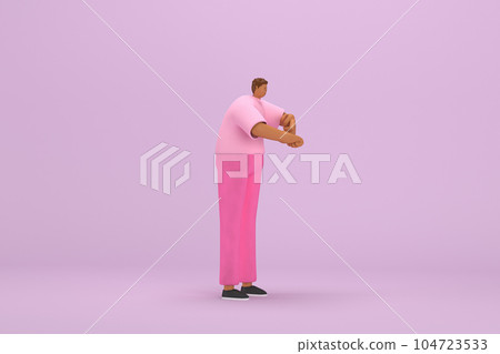 The black man with pink clothes.  He is expression  of body and hand when talking. 3d rendering of cartoon character in acting. 104723533