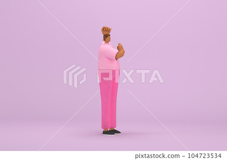 The black man with pink clothes. He is expression of body and hand when talking. 3d rendering of cartoon character in acting. The black man with pink clothes. He is expression of body and hand when talking. 3d rendering of cartoon character in acting. 104723534
