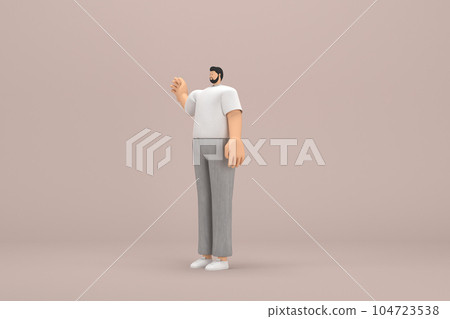 The man with beard wearinggray corduroy pants and white collar t-shirt. He is expression  of hand when talking. 3d rendering of cartoon character in acting. 104723538