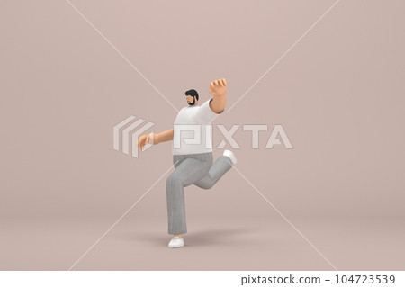 The man with beard wearinggray corduroy pants and white collar t-shirt.  He is doing exercise.  3d rendering of cartoon character in acting. 104723539