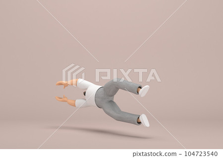 The man with beard wearinggray corduroy pants and white collar t-shirt.  He is doing exercise.  3d rendering of cartoon character in acting. 104723540
