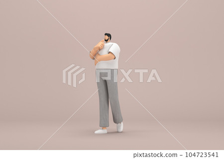 The man with beard wearinggray corduroy pants and white collar t-shirt. He is expression  of hand when talking. 3d rendering of cartoon character in acting. 104723541
