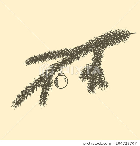 Hand drawn vector illustration of a fir branch with a Christmas tree ball. Hand drawn vector illustration of a fir branch with a Christmas tree ball. 104723707