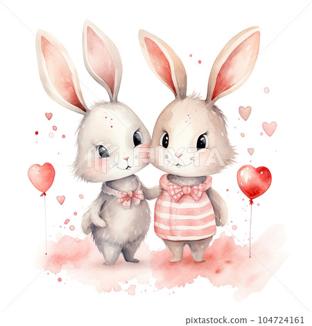 Cute watercolor bunny couple. Illustration AI Generative Cute watercolor bunny couple. Illustration AI Generative 104724161