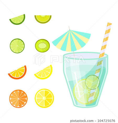 Set for a cocktail, freshly squeezed juices. Fruits,citruses, glass, straws, cocktail umbrellas. Vector 104725076
