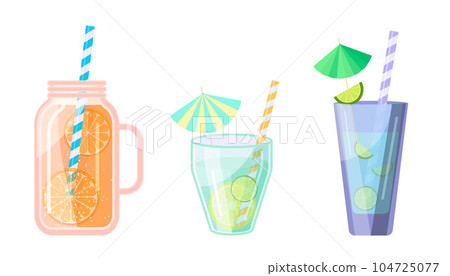 Set for a cocktail, freshly squeezed juices. Fruits, glass, straws, cocktail umbrellas. Vector 104725077
