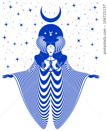 Magical celtic goddess, priestess. Beautiful fairy woman with horns and long dress. Gothic Witch wiccan female sacred design, magic moon. Vector isolated on starry blue background in art deco style Magical celtic goddess, priestess. Beautiful fairy woman with horns and long dress. Gothic Witch wiccan female sacred design, magic moon. Vector isolated on starry blue background in art deco style 104725237