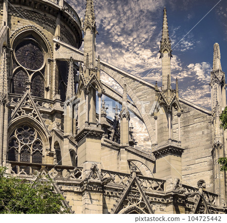Notre Dame de Paris (against the background of sky with clouds), also known as Notre Dame Cathedral or simply Notre Dame, is a Gothic, Roman Catholic cathedral of Paris, France 104725442