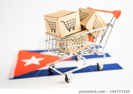 Box with shopping online cart logo and Cuba flag, Import Export Shopping online or commerce finance delivery service store product shipping, trade, supplier concept. 104725585