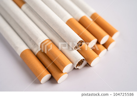 Cigarette, tobacco in roll paper with filter tube, No smoking concept. 104725586