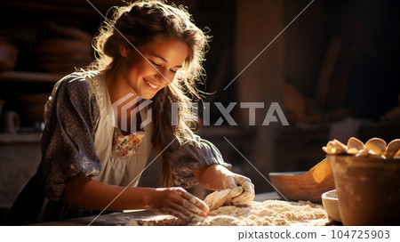 A young rural woman kneads dough in her kitchen. 104725903