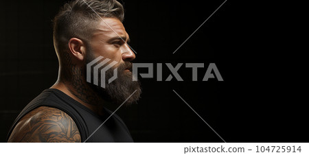 Brutal bearded man of strong physique on a black background. 104725914