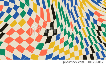 1970 retro trippy wave checkered pattern. Groovy geometric distorted grid. 1970 retro trippy wave checkered pattern. Groovy geometric distorted grid. 104726047