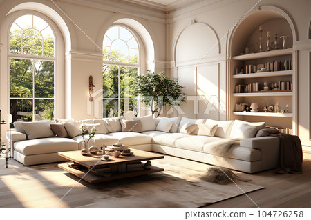 Interior in modern style in white with a beautiful view outside the window. Generative AI 104726258