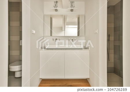 a white bathroom with wood flooring and mirrors on the wall above the sink, along with a toilet in the door is open a white bathroom with wood flooring and mirrors on the wall above the sink, along with a toilet in the door is open 104726289