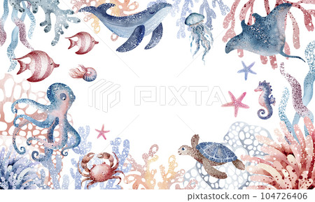 sea animals frame. Frame text space from ocean fish, turtle, whale and coral. Nautical illustration of sea dolphins, jellyfish, starfish 104726406