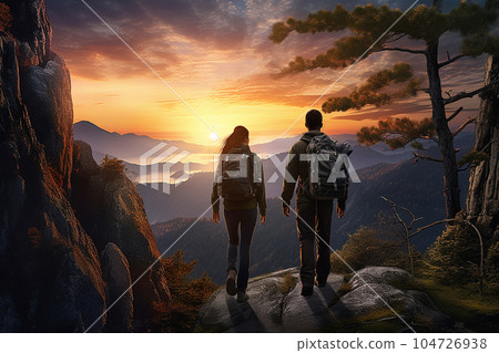 A young couple of hikers walk along a mountain path at sunset. A young couple of hikers walk along a mountain path at sunset. 104726938