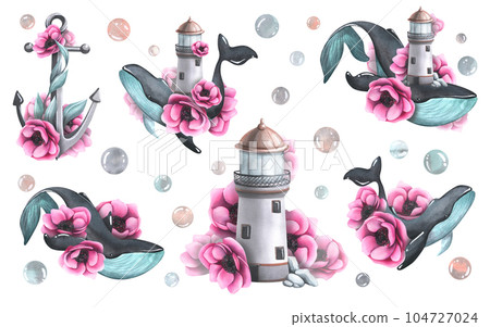 Large whales, lighthouse, anchor with pink anemone flowers and bubbles. Watercolor illustration, hand drawn. A set isolated compositions on a white background. Large whales, lighthouse, anchor with pink anemone flowers and bubbles. Watercolor illustration, hand drawn. A set isolated compositions on a white background. 104727024