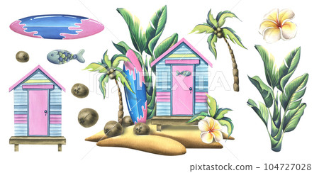 Wooden striped beach cabin with surfboard, palm trees, coconuts on a sandy island. Watercolor illustration, hand drawn. Isolated composition with elements on a white background. 104727028