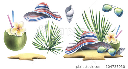 Striped summer beach hat on the sand with sunglasses, tropical palm leaves, cocktail in coconut and sea shells. Watercolor illustration, hand drawn. Set of isolated objects on a white background. 104727030