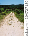 Midsummer blue sky and the unpaved road in the mountains ahead of the dead end, background photo 104727180