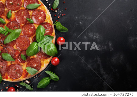 tyraditional pepperoni pizza with ingredients,basil,tomatoes and cheese on black background. Top view. Copy space tyraditional pepperoni pizza with ingredients,basil,tomatoes and cheese on black background. Top view. Copy space 104727275