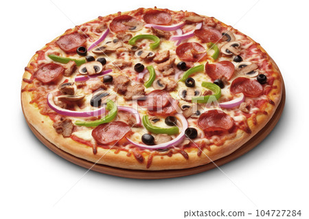 delicious pizza with pepperoni, cheese, tomato and onion isolated on white background. delicious pizza with pepperoni, cheese, tomato and onion isolated on white background. 104727284