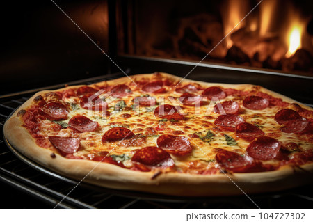 Traditional pepperoni pizza freshly made in the oven 104727302