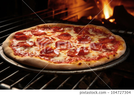 Traditional pepperoni pizza freshly made in the oven 104727304