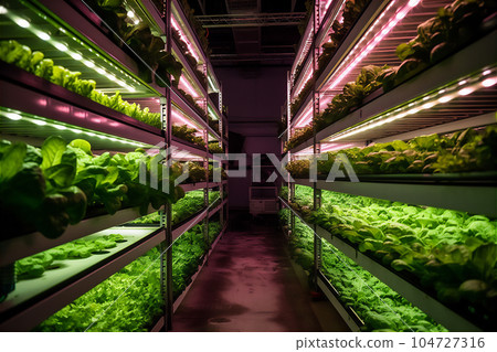 Modern agriculture laboratory with artificial light growing genetic modified plants. 104727316