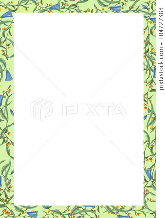 Vertical frame with meadow plants. Blue and yellow flowers on green background. Space for text. Watercolor illustration for postcard design, invitation template, celebrate cards, wedding invitation Vertical frame with meadow plants. Blue and yellow flowers on green background. Space for text. Watercolor illustration for postcard design, invitation template, celebrate cards, wedding invitation 104727383