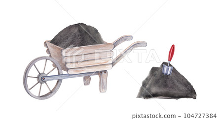 Garden wood wheelbarrow filled with earth and shovel stuck in peat. Watercolor illustration isolated on white background. Set for the design of booklets, flyers, labels, magazines Garden wood wheelbarrow filled with earth and shovel stuck in peat. Watercolor illustration isolated on white background. Set for the design of booklets, flyers, labels, magazines 104727384