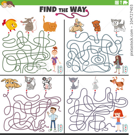 find the way maze games set with cartoon children and pets 104727403