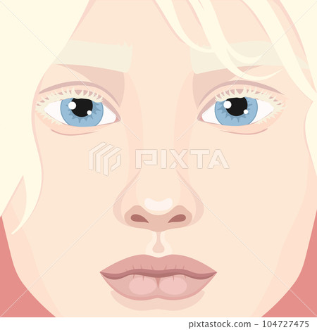 Beautiful albino girl face close up. Woman with blondie hair and albinism. Genetic rare appearance. Vector illustration Beautiful albino girl face close up. Woman with blondie hair and albinism. Genetic rare appearance. Vector illustration 104727475