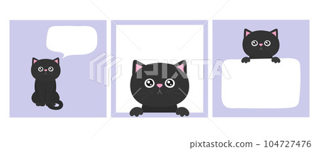 Cute black kitten set in frame with copy space. Black cat holding empty paper. Cat with a speech bubble. Kawaii cartoon character with whiskers and paws. Vector art 104727476