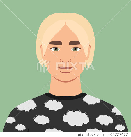 Young blonde-haired man in a sweater with clouds on it. Portrait of an abstract guy or student. Full face abstract male avatar in flat style. Vector art Young blonde-haired man in a sweater with clouds on it. Portrait of an abstract guy or student. Full face abstract male avatar in flat style. Vector art 104727477
